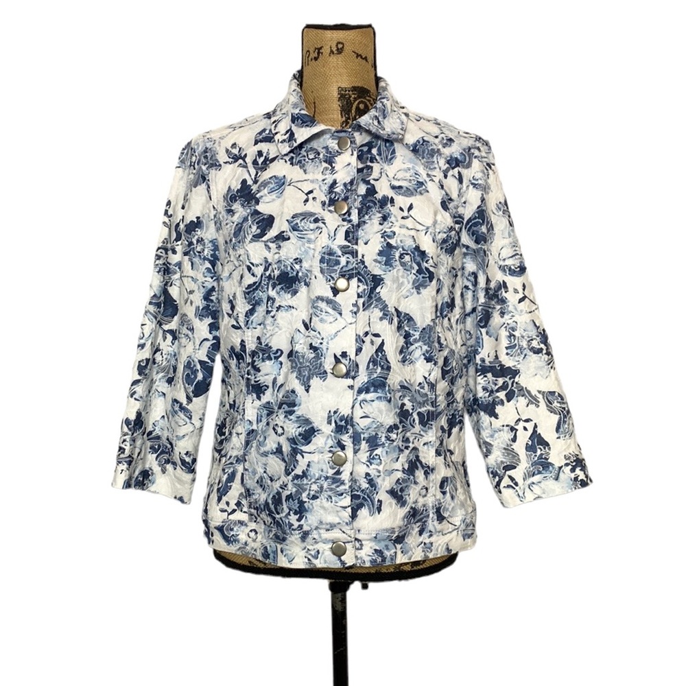 Chico's White and Blue Floral Print Jean Jacket